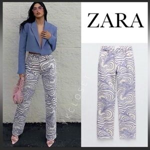 Zara Women's Abstract Pattern Pants - Purple and White
